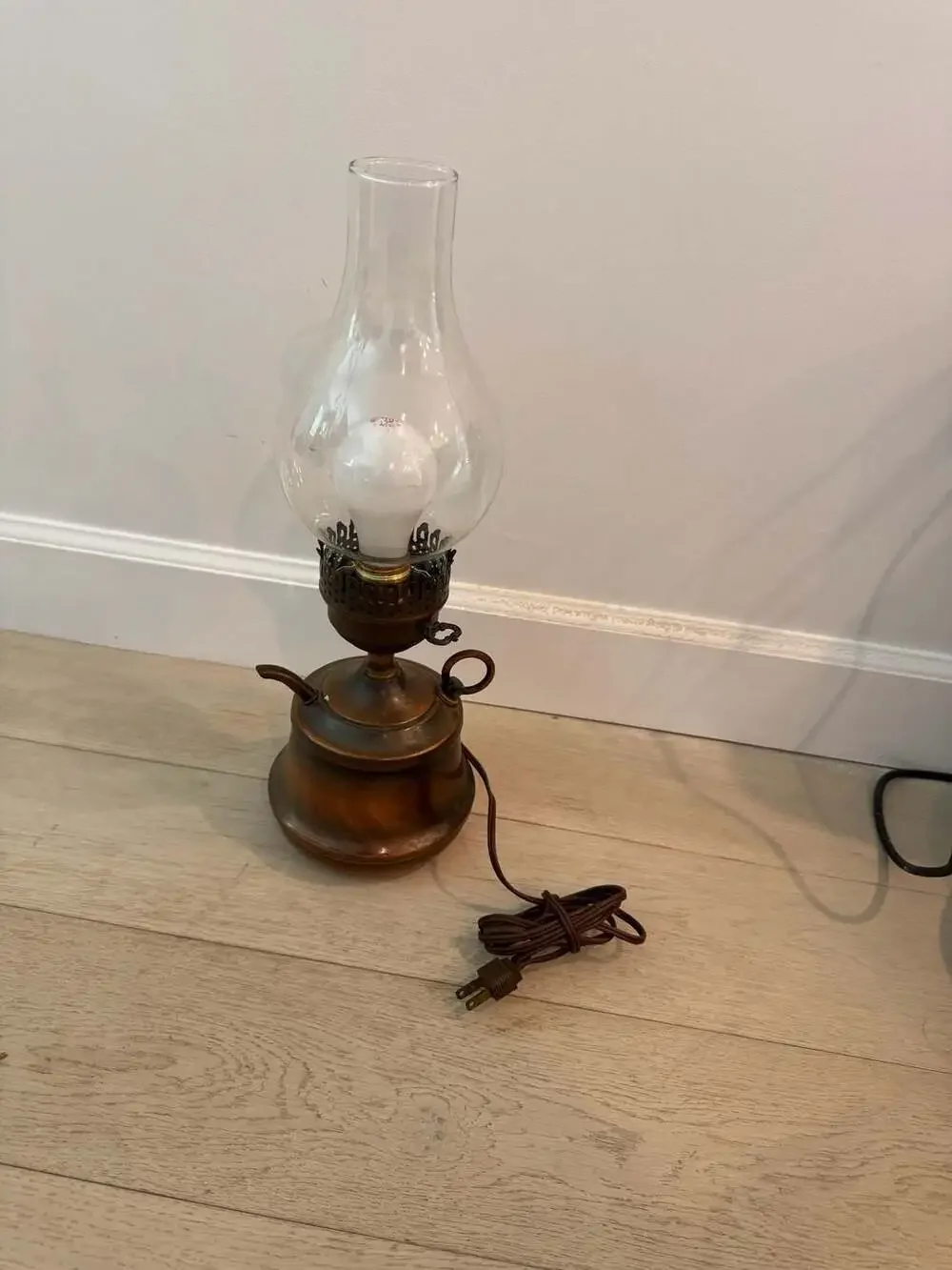 Vintage Copper Base Electric Oil Style Table Lamp with Glass Chimney